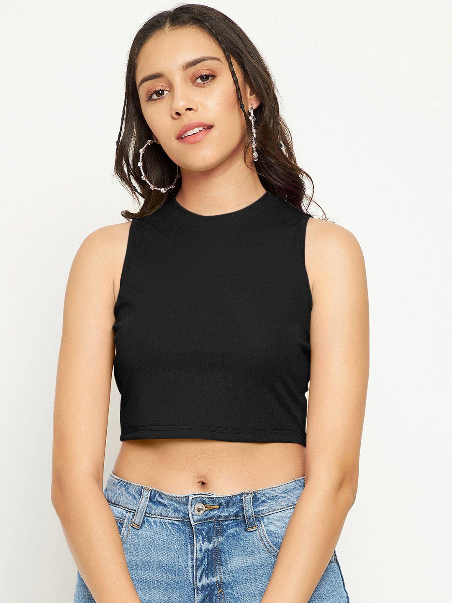 stretchable polyester crew neck sleeveless crop top - black