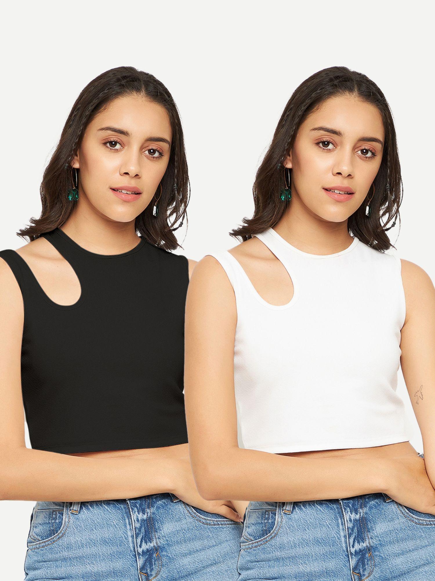 stretchable polyester high neck sleeveless cut-out crop tops combo (pack of 2)