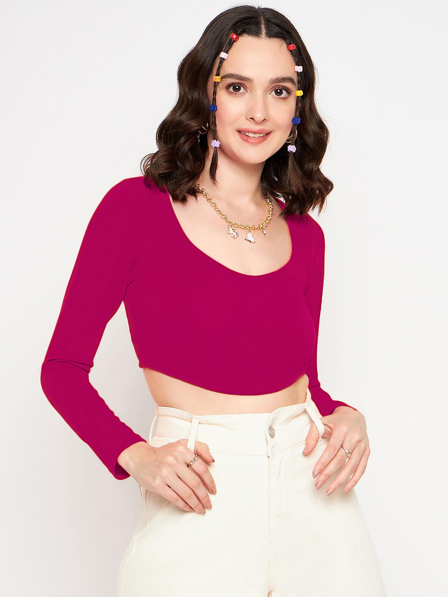 stretchable polyester round neck full sleeves crop top -magenta