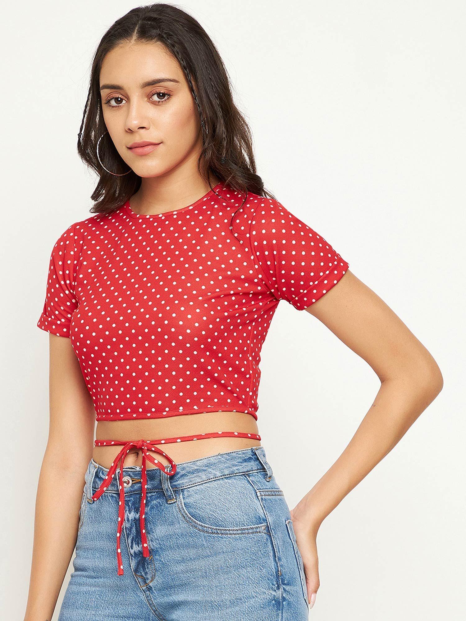 stretchable polyester round neck tie up crop top - red