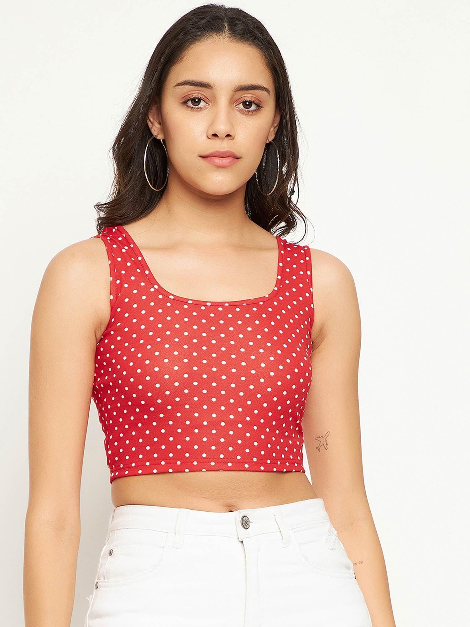 stretchable polyester scoop neck sleeveless crop top - red