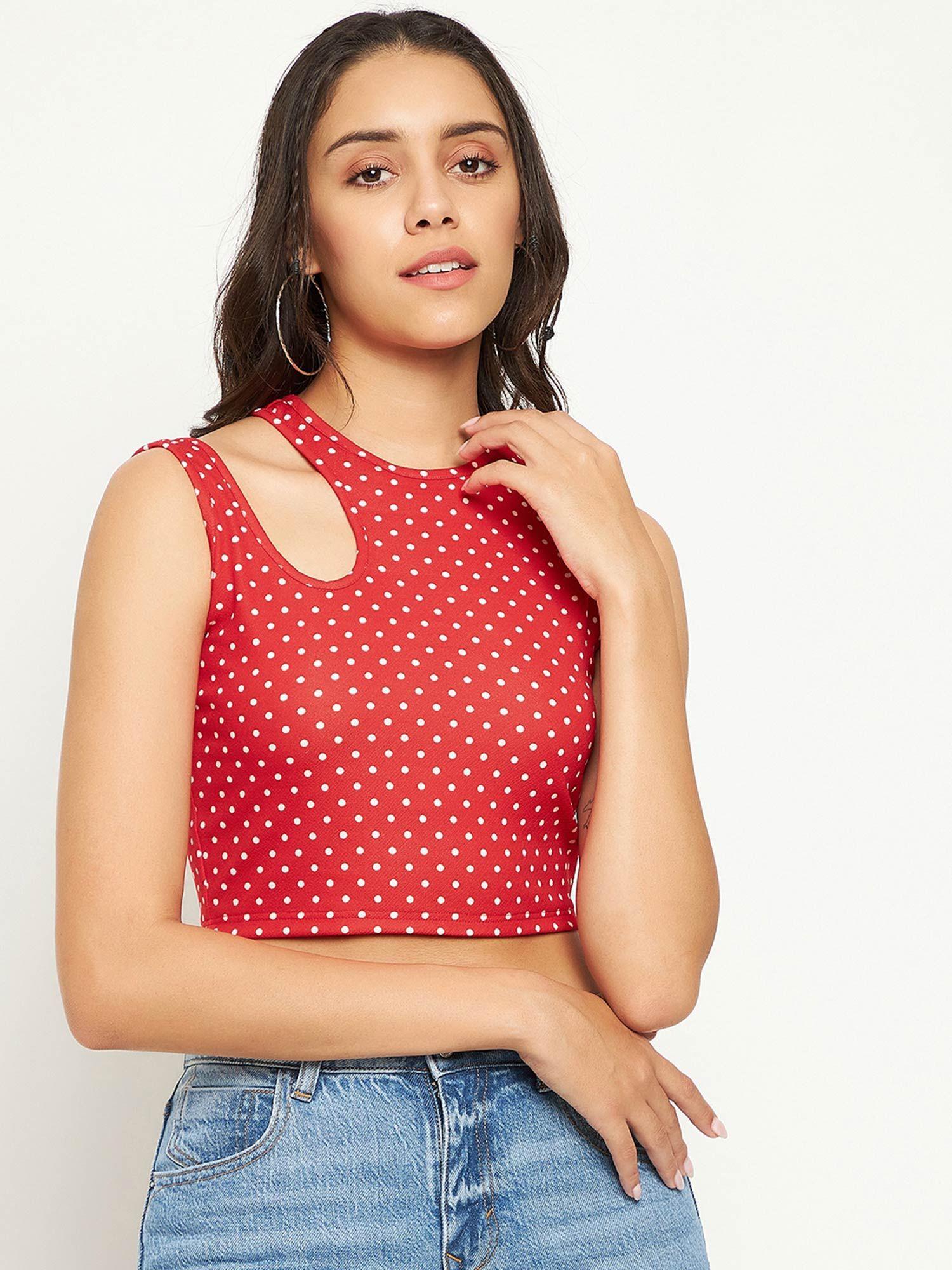 stretchable polyester sleeveless cut out crop top - red