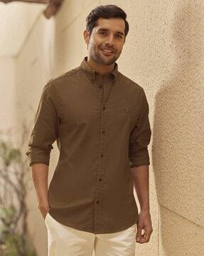 stretchable slim fit shirt with logo embroidery