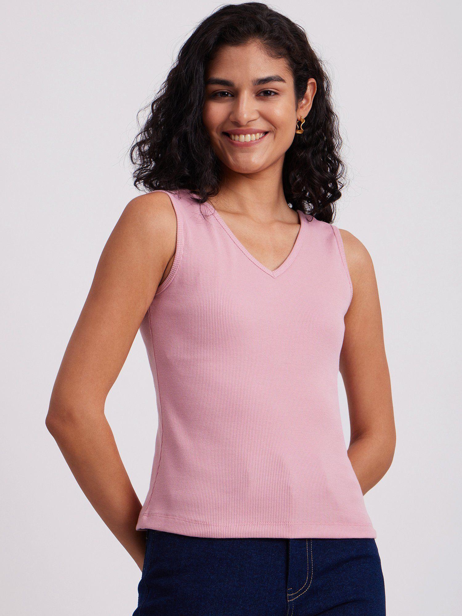 stretchable v-knitted t-shirt pink