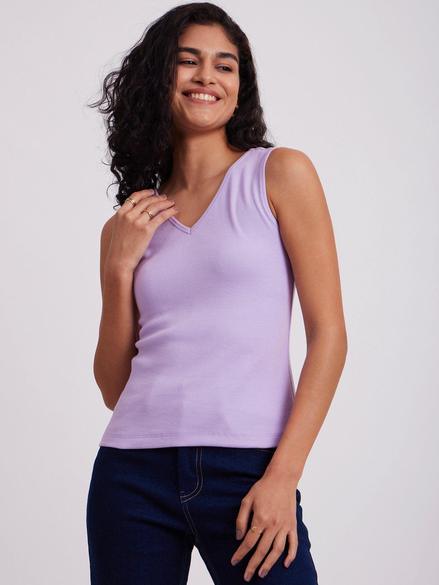 stretchable v-knitted t-shirt purple