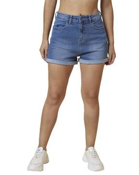 stretchable washed mid-rise denim shorts