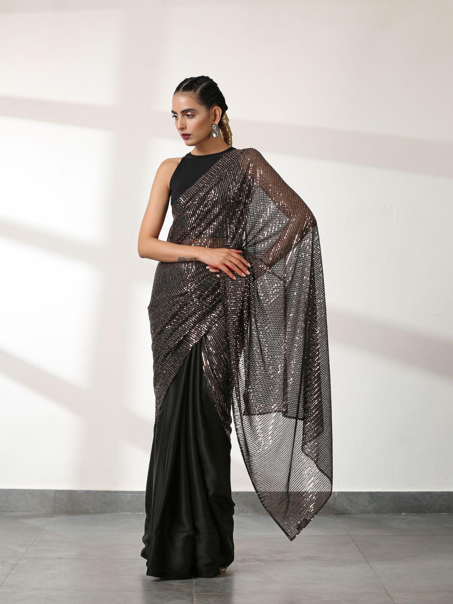 striking black and bronze sequin saree