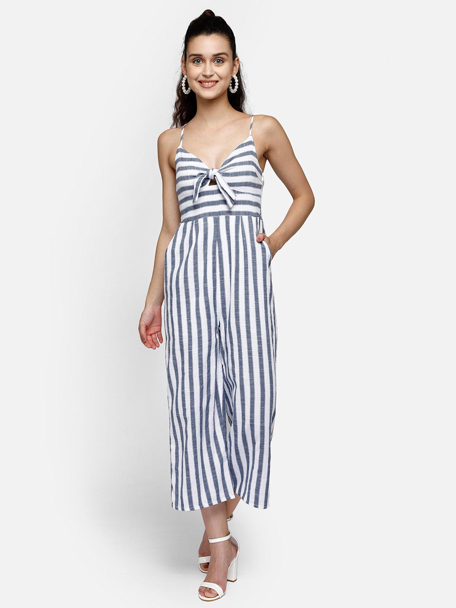 stripe printed viscose halter neck jumpsuit