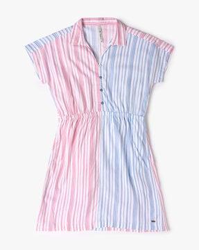 striped a-line dress with button accent