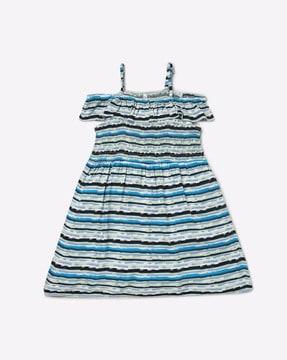 striped a-line dress with smocked bodice