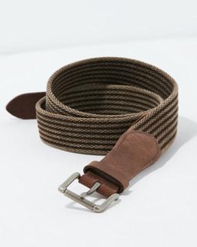 striped belt with tang buckle closure