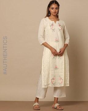 striped cotton dobby straight kurta with lace detail
