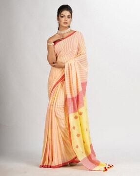 striped cotton jamdani saree with tassels