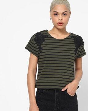 striped crew-neck t-shirt with lace applique