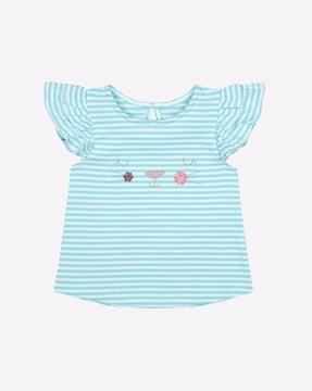 striped crew-neck t-shirt with ruffled sleeves