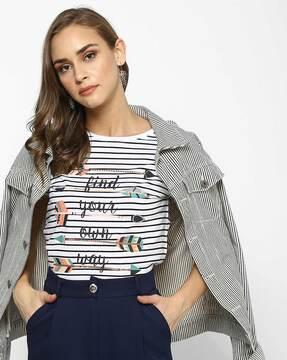 striped crew-neck t-shirt with typography
