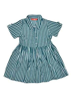 striped fit & flared dress with collar neck