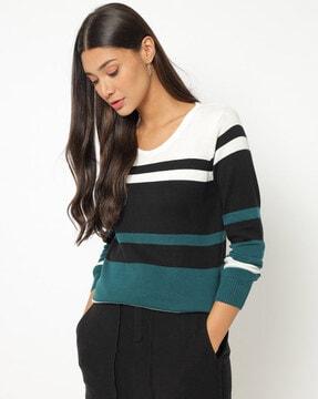 striped flat-knit round-neck pullover