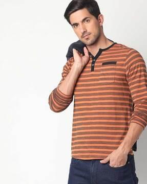 striped henley t-shirt with patch pocket