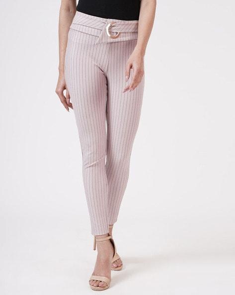 striped jeggings with buckle accent