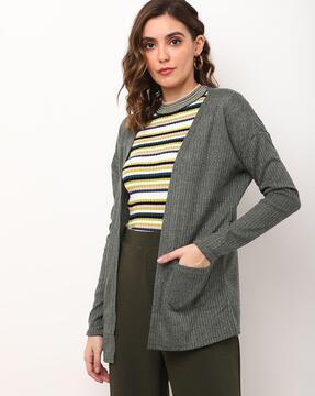 striped open-front cardigan with patch pockets
