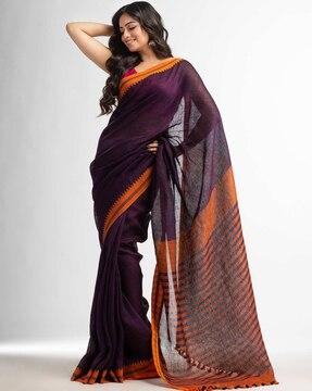 striped pattern saree with contrast pallu