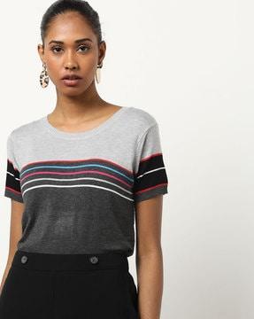 striped round-neck knit top