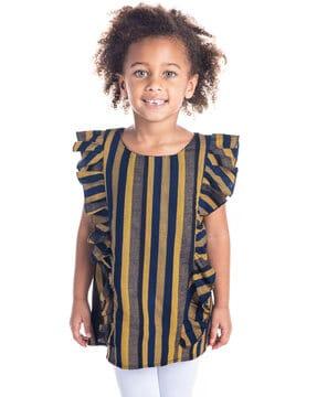 striped round-neck top with ruffled panels