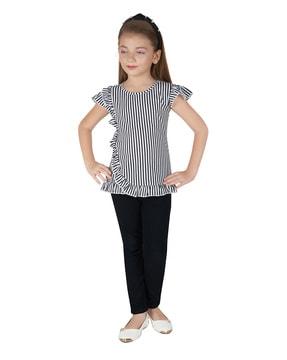 striped round-neck tunic with ruffle