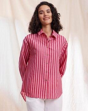 striped shirt top with spread collar