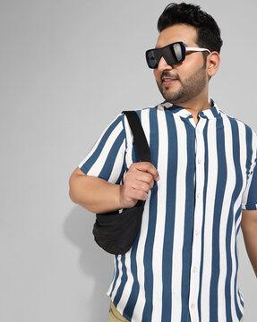 striped shirt with band collar