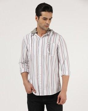 striped slim fit hooded shirt with patch pockets