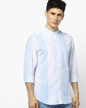 striped slim fit shirt with band collar