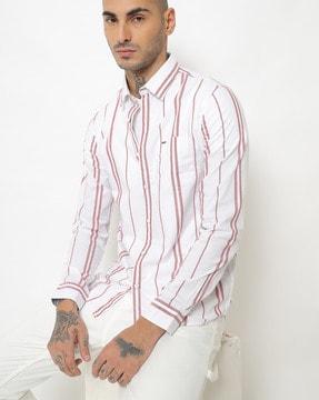 striped spread-collar shirt with patch pocket