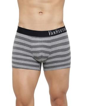 striped trunks with brand print waistband