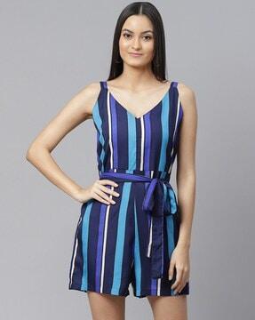 striped v-neck playsuit with tie-up