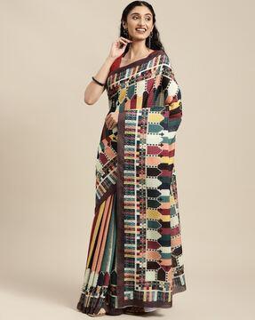 striped & colour-block printed saree with unstitched blouse piece