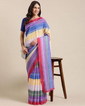 striped & embellished saree with unstitched blouse piece