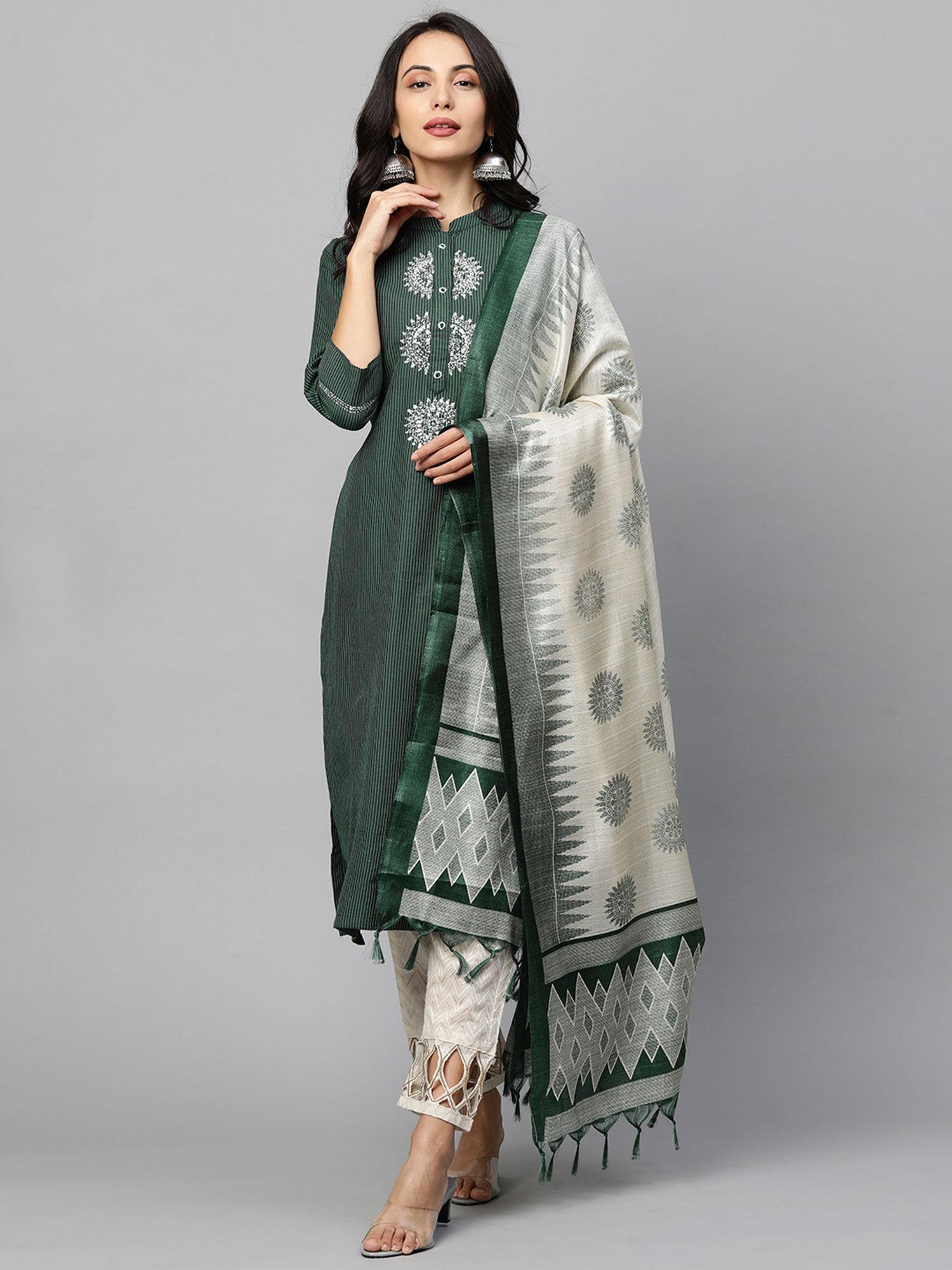 striped & embroidered kurta with ikat dupatta - (set of 2)