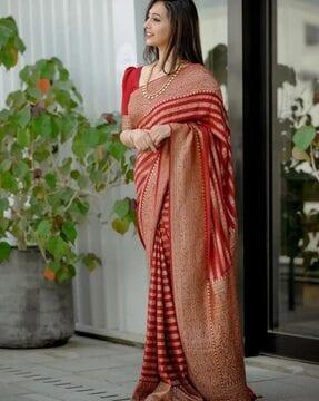 striped & zari woven saree with unstitched blouse piece