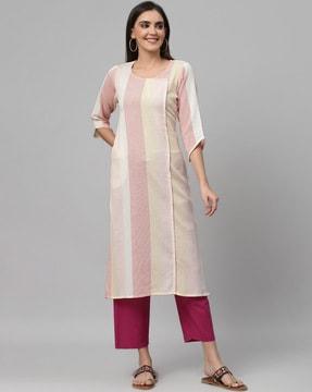 striped 3/4th-sleeve straight kurta