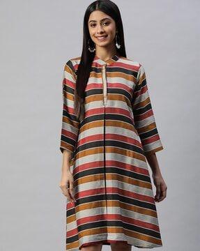 striped a-line dress with band collar