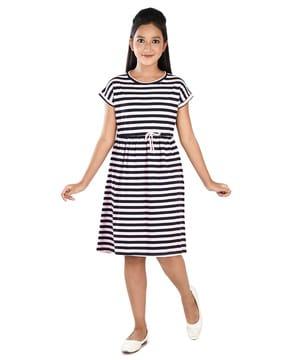 striped a-line dress with cinched waist