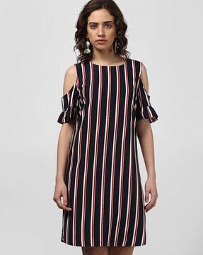 striped a-line dress with cold-shoulder sleeves