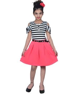 striped a-line dress with cold-shoulder sleeves