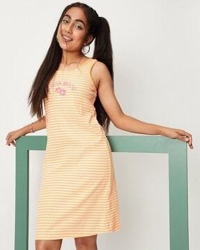 striped a-line dress with round neck