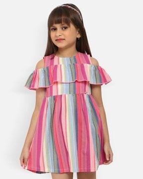 striped a-line dress with ruffle detail