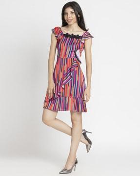 striped a-line dress with ruffled detail