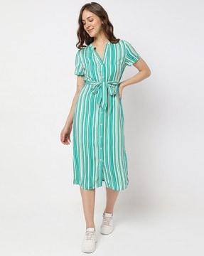 striped a-line dress with tie-up waist