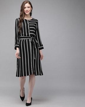 striped a-line dress with tie-up